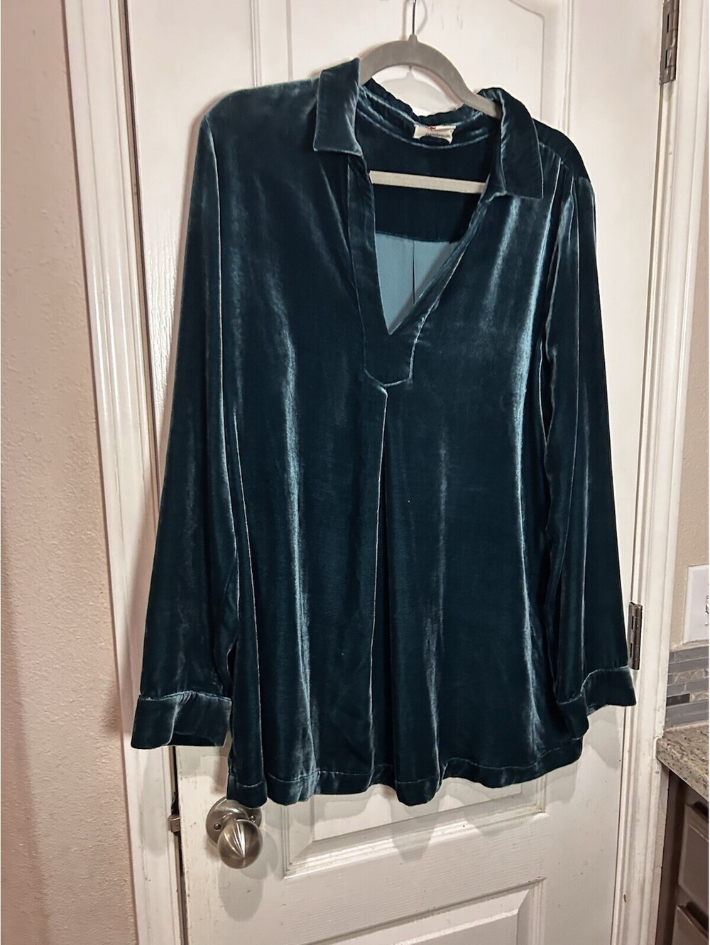 Sundance Nuance Green Teal Velvet Silk Blend Tunic Blouse Large Boho
